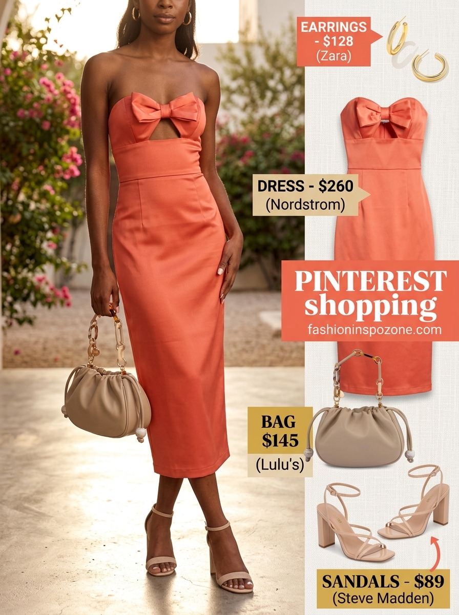 Coral summer midi sleeveless dress 2026 with strappy heels, gold hoops, and top-handle bag for a party.