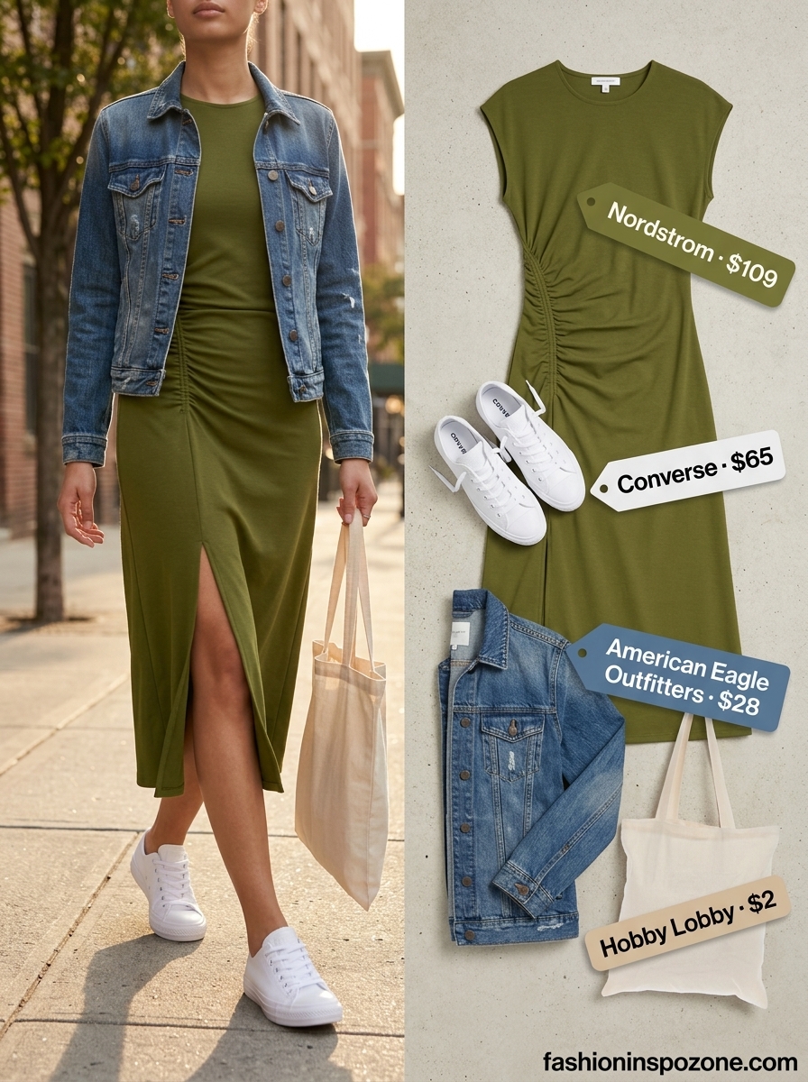 Olive green summer midi sleeveless t-shirt dress 2026 with denim jacket, sneakers, and tote bag for casual.