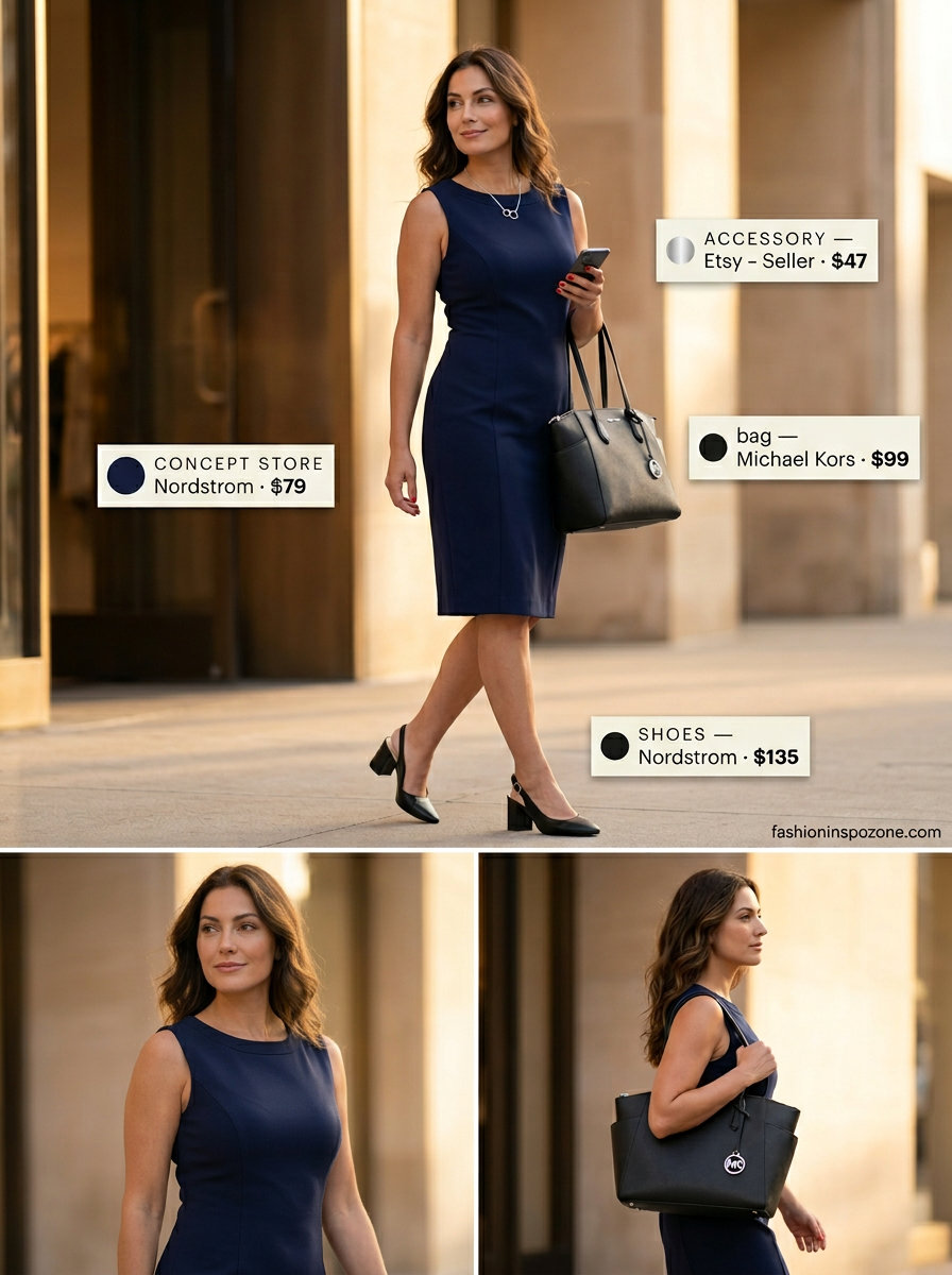 City Chic Midi: Navy blue sheath summer midi sleeveless dress 2026 with block heels and tote bag.