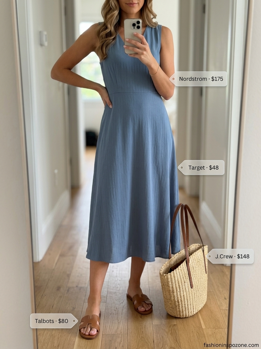 Sky blue summer midi sleeveless A-line dress 2026 with leather slides, straw tote, and gold bracelet.