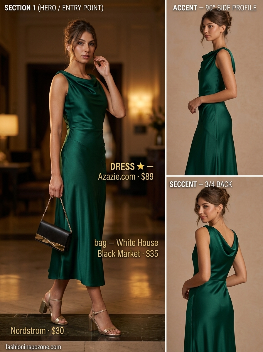 Sophisticated emerald green satin sleeveless midi dress for evening cocktail parties 2026.