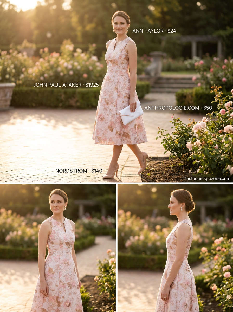 Elegant blush pink floral jacquard sleeveless midi dress for garden parties and weddings 2026.