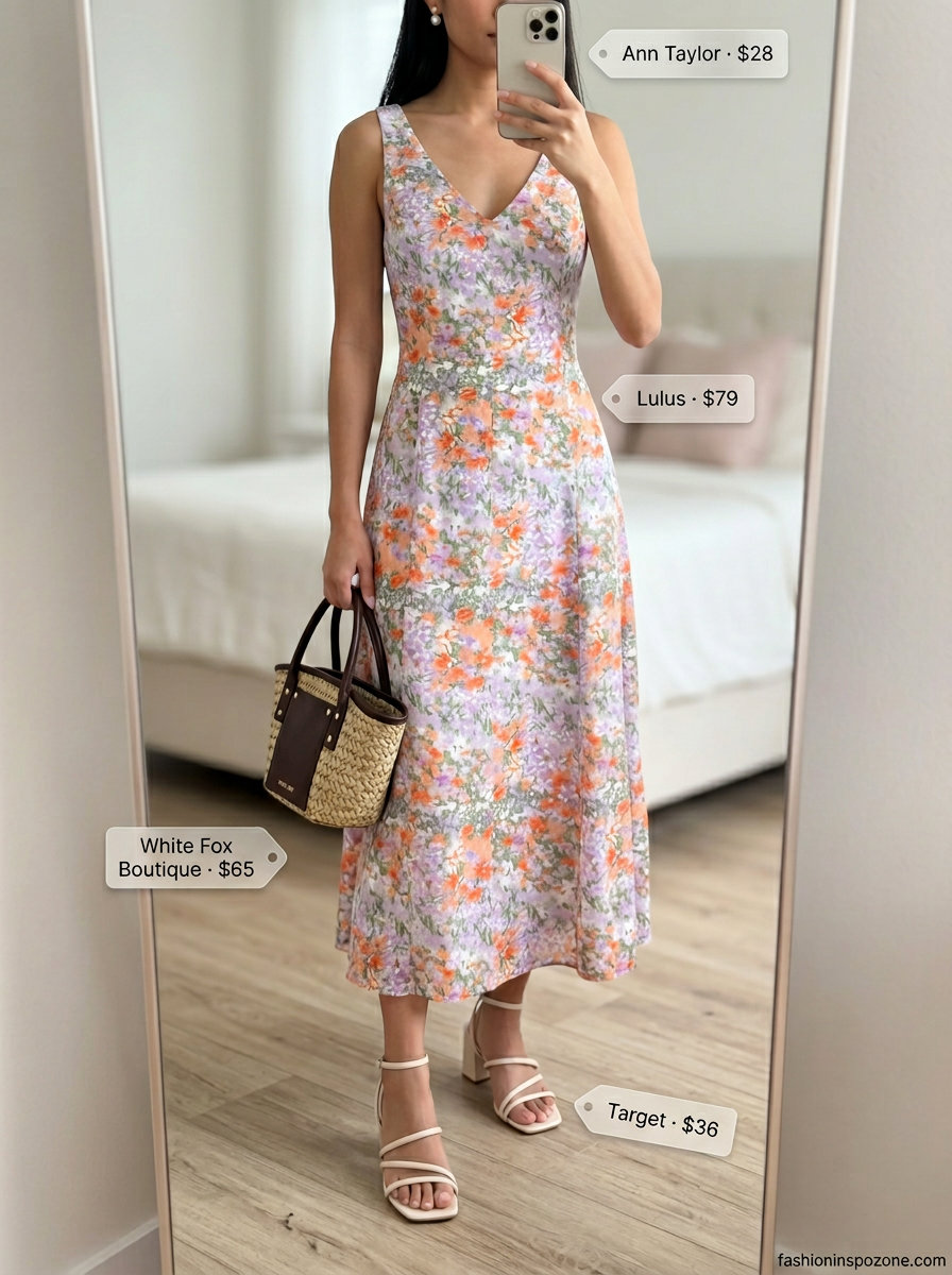 Pastel floral summer midi sleeveless dress 2026 with block heels, straw bag, and pearl earrings for garden party.