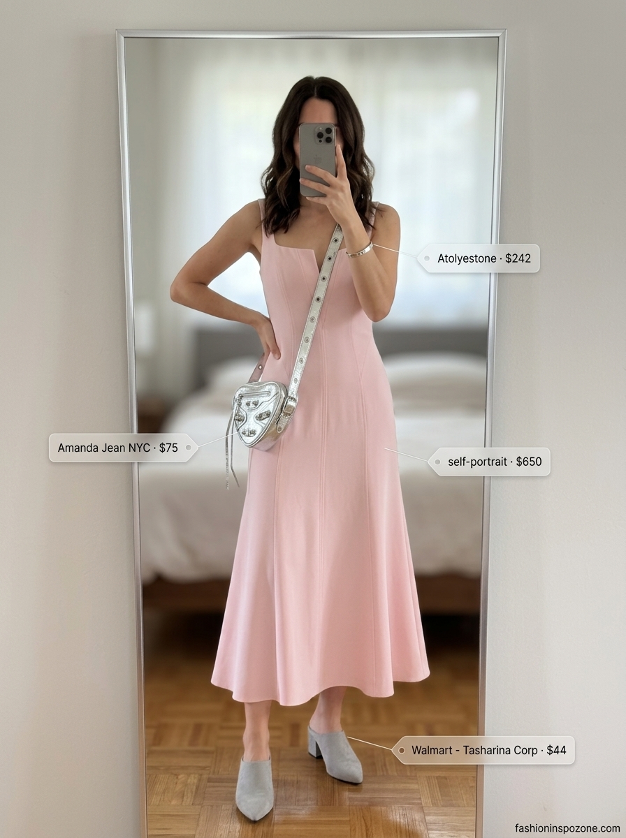 Modern blush pink crepe sleeveless midi dress for art gallery openings and chic lunches 2026.