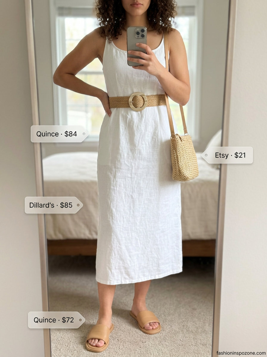Chic white linen sleeveless midi dress for summer day outs and casual lunches in 2026.