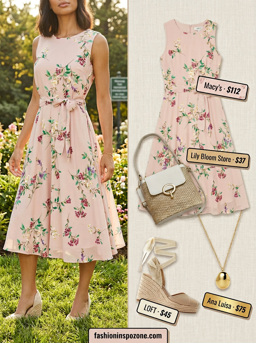 Pastel floral summer midi sleeveless dress 2026 with gold necklace, espadrilles, and straw bag for a picnic.