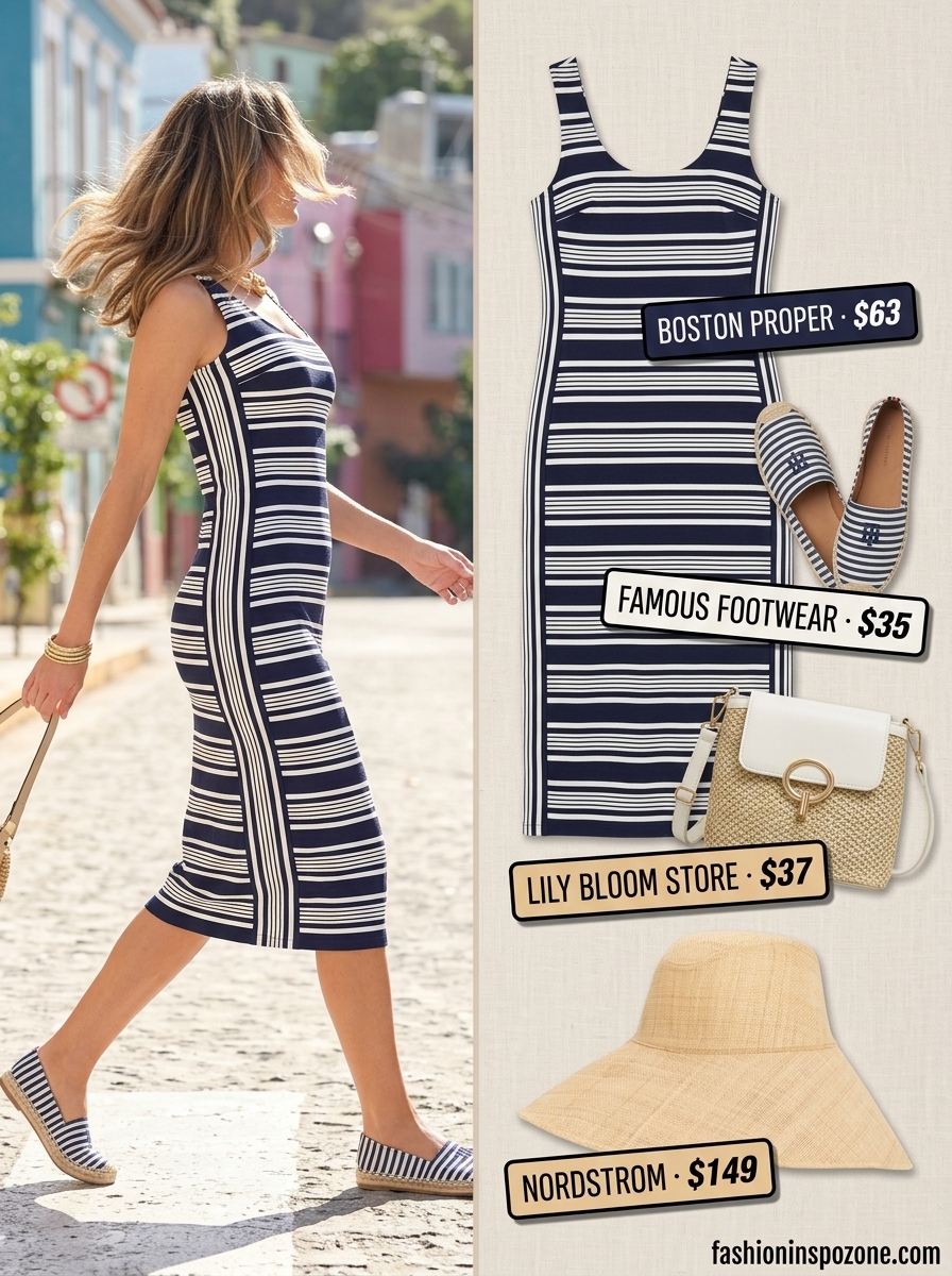 Navy stripe summer midi sleeveless dress 2026 with espadrilles, straw bag, and hat for a seaside getaway.