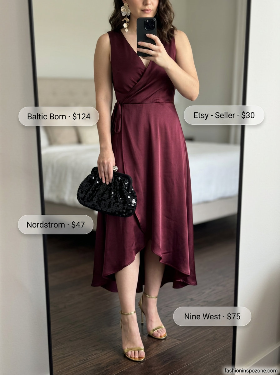 Summer Evening Elegance: Burgundy wrap summer midi sleeveless dress 2026 with gold earrings and heeled sandals.