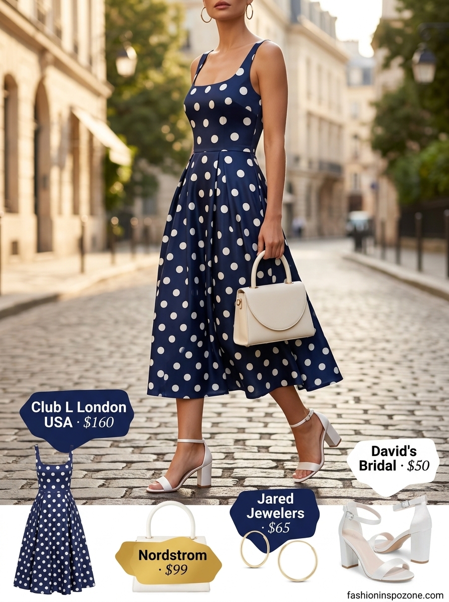 Classic navy polka dot sleeveless midi dress for evening cruises and summer parties 2026.