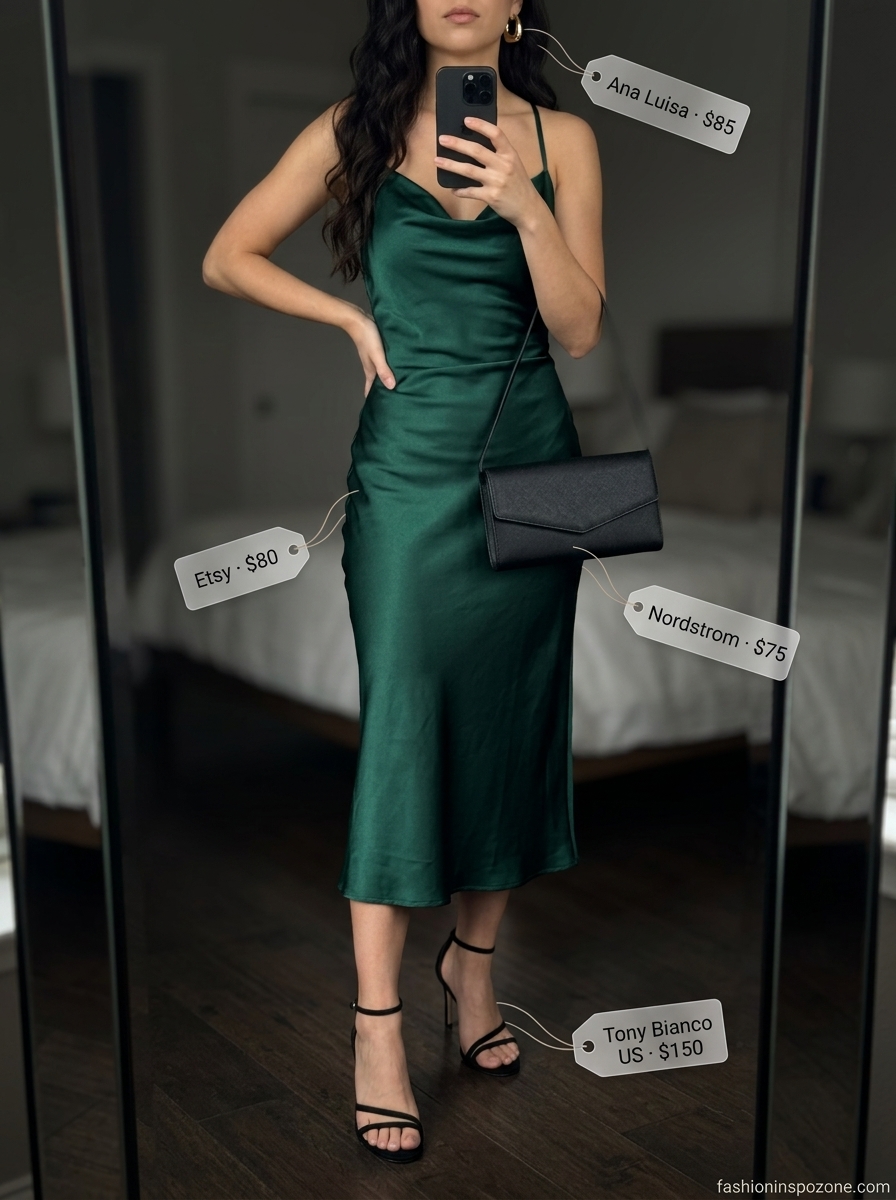 Emerald green summer midi sleeveless slip dress 2026 with stiletto heels, gold earrings, and clutch.