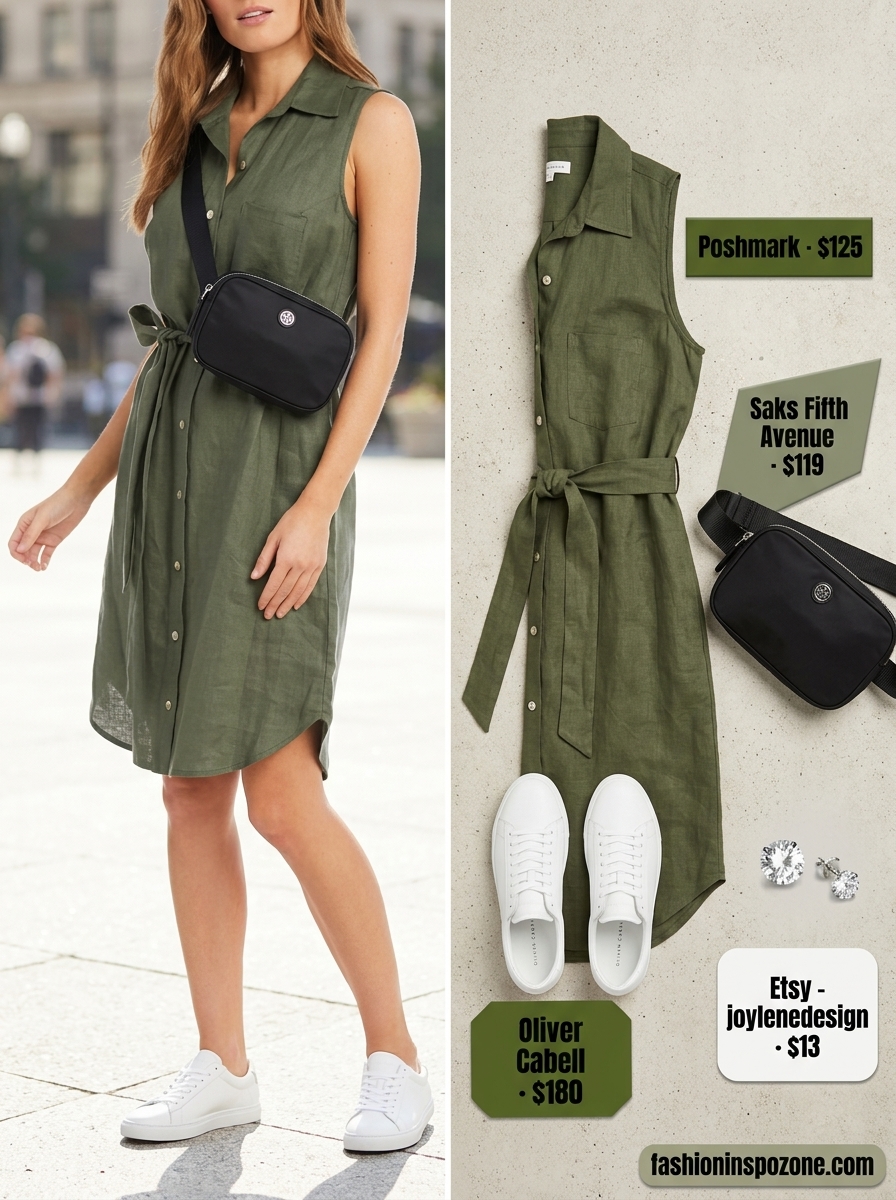 Olive green summer midi sleeveless shirt dress 2026 with belt bag, sneakers, and stud earrings for city.