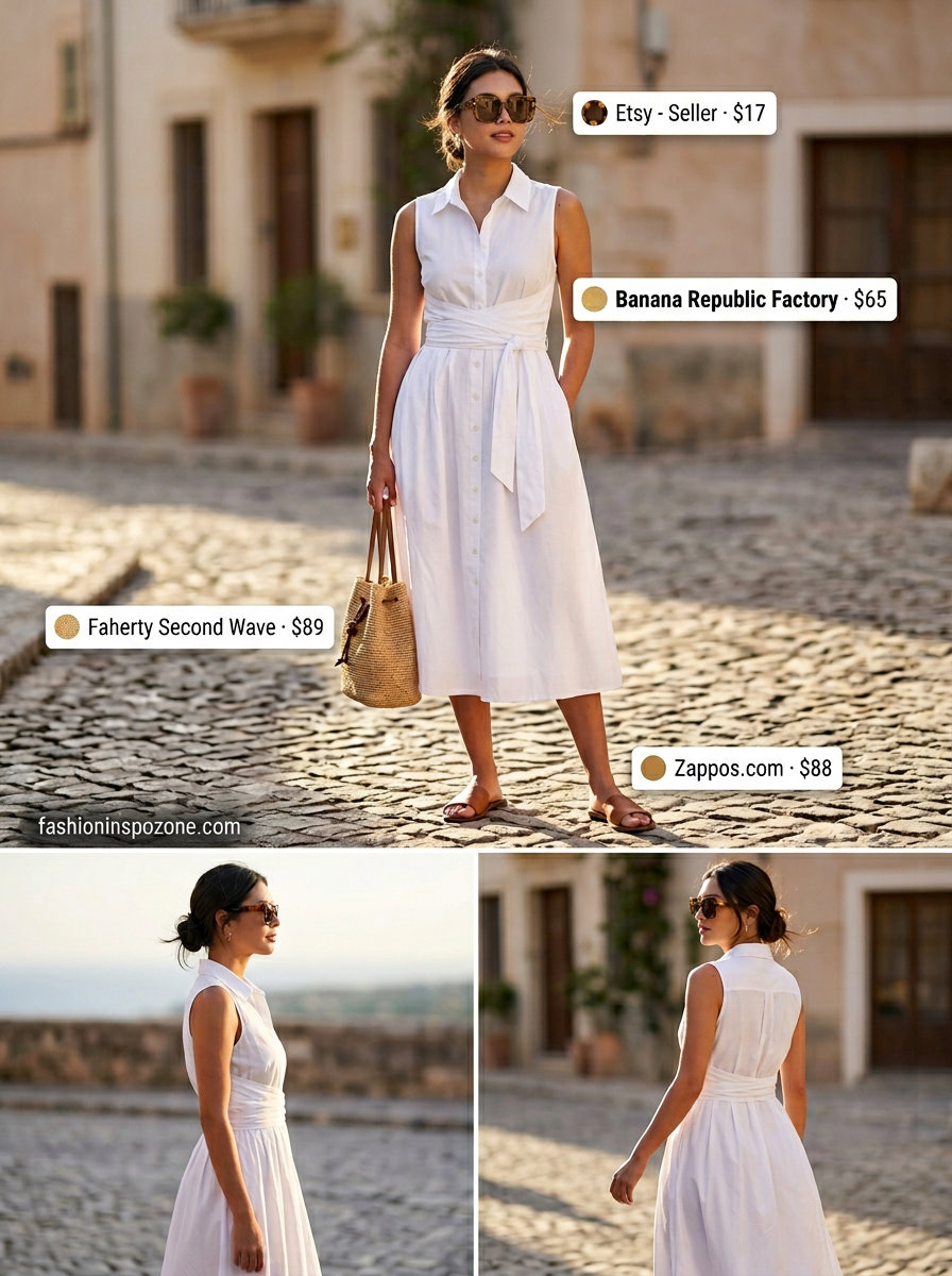 Vacation Ready Shirtdress: White shirtdress summer midi sleeveless dress 2026 with leather slides and straw bag.
