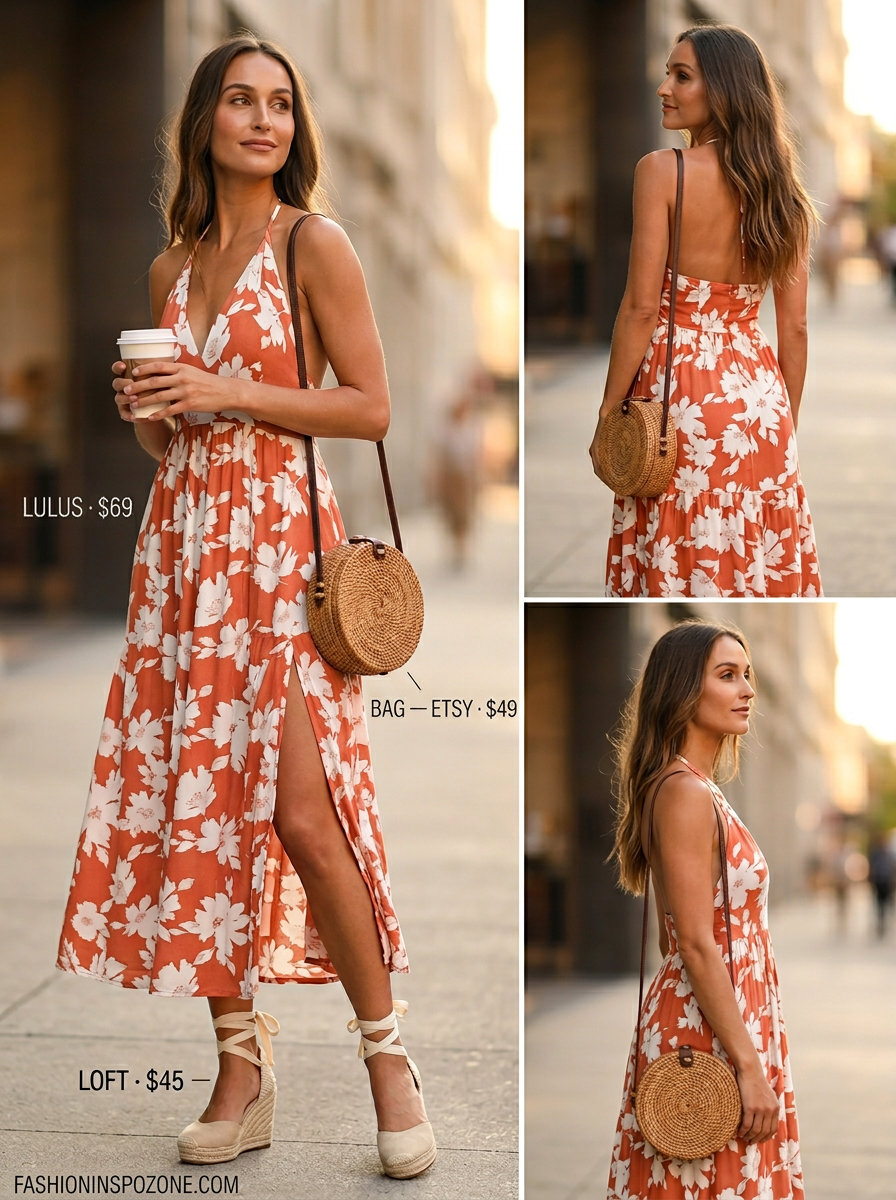 Weekend Brunch Ready: Coral orange abstract print summer midi sleeveless dress 2026 with espadrilles and crossbody bag.