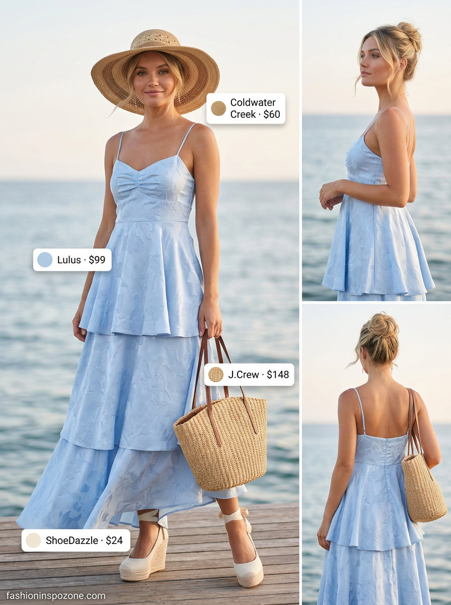 Sky blue maxi dress with straw hat and espadrilles. Summer must have capsule outfits for women 2026.