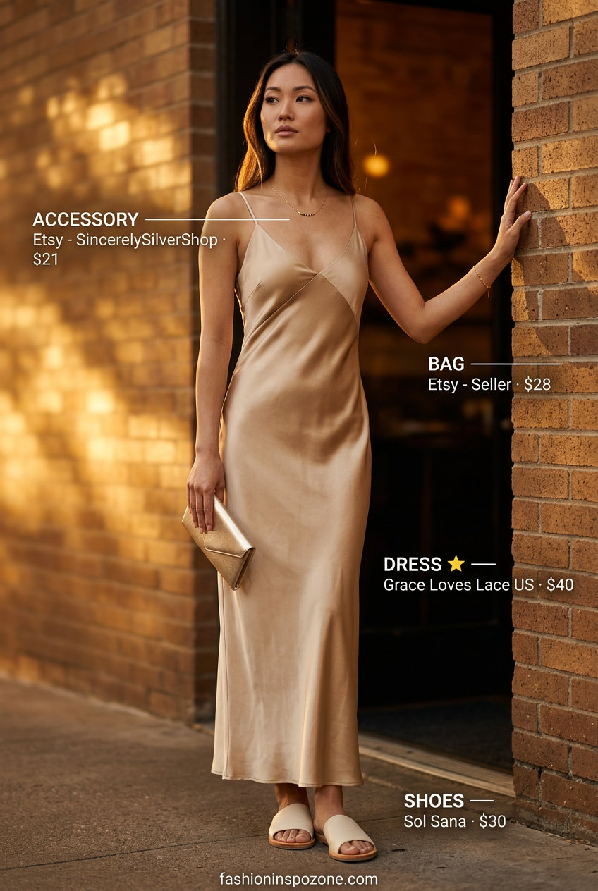 Champagne satin slip dress with cream slides and gold clutch. Summer must have capsule outfits for women 2026.