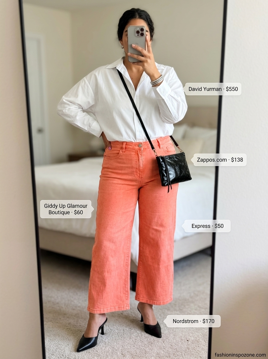 Coral wide-leg pants with white shirt and black mules. Summer must have capsule outfits for women 2026.