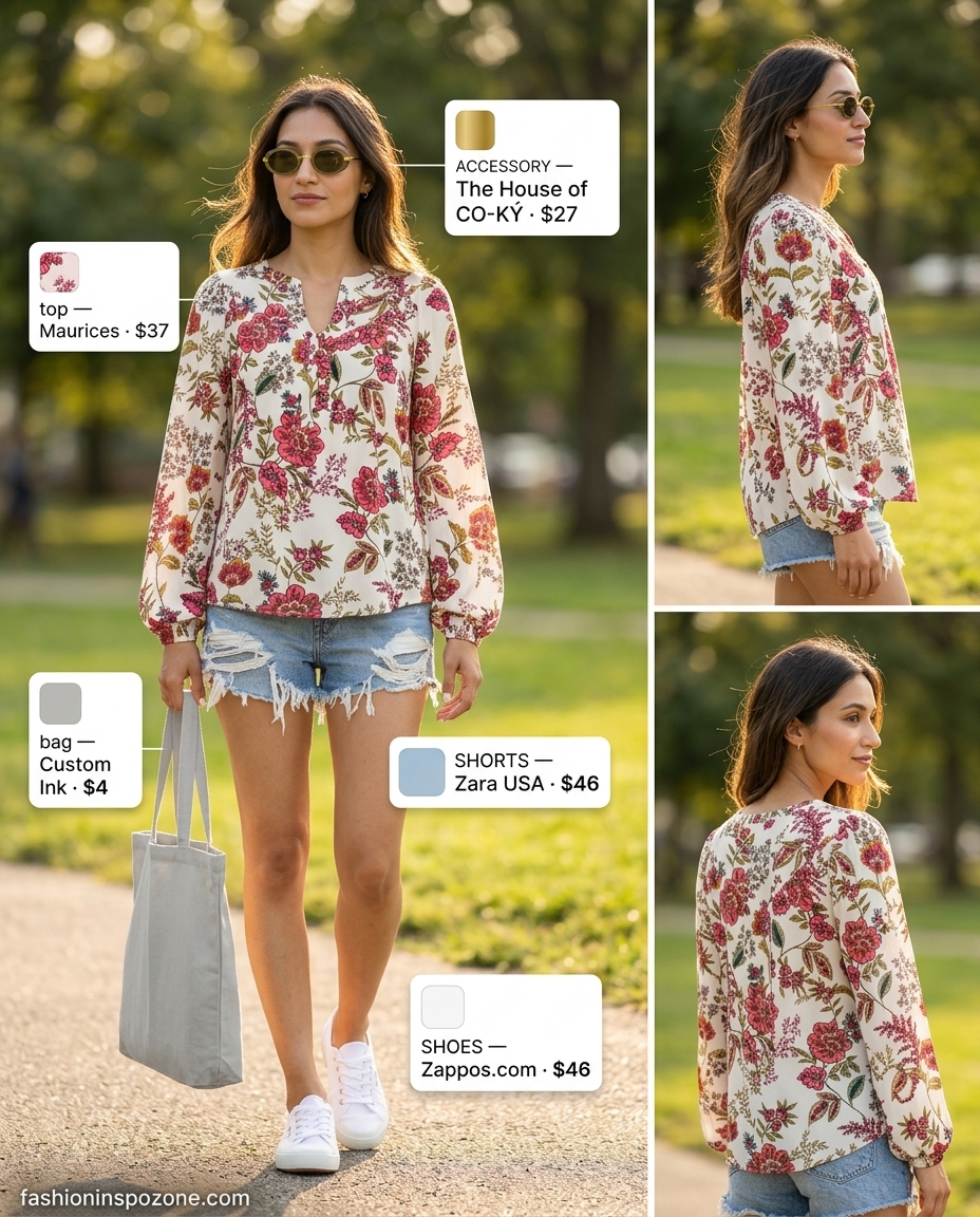 Floral blouse with denim shorts, canvas sneakers, and tote. Summer must have capsule outfits for women 2026.