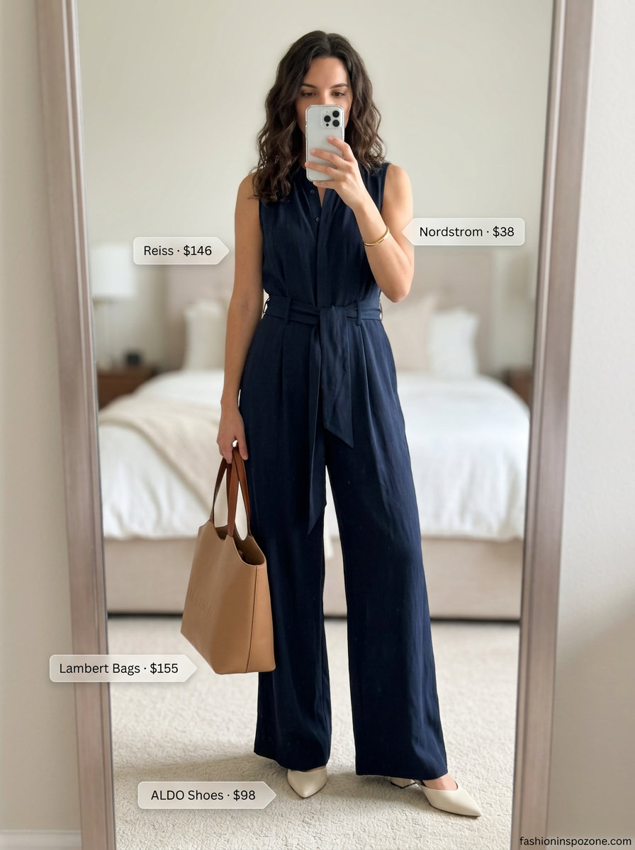 Navy wide-leg jumpsuit with white heels and tan tote. Summer must have capsule outfits for women 2026.