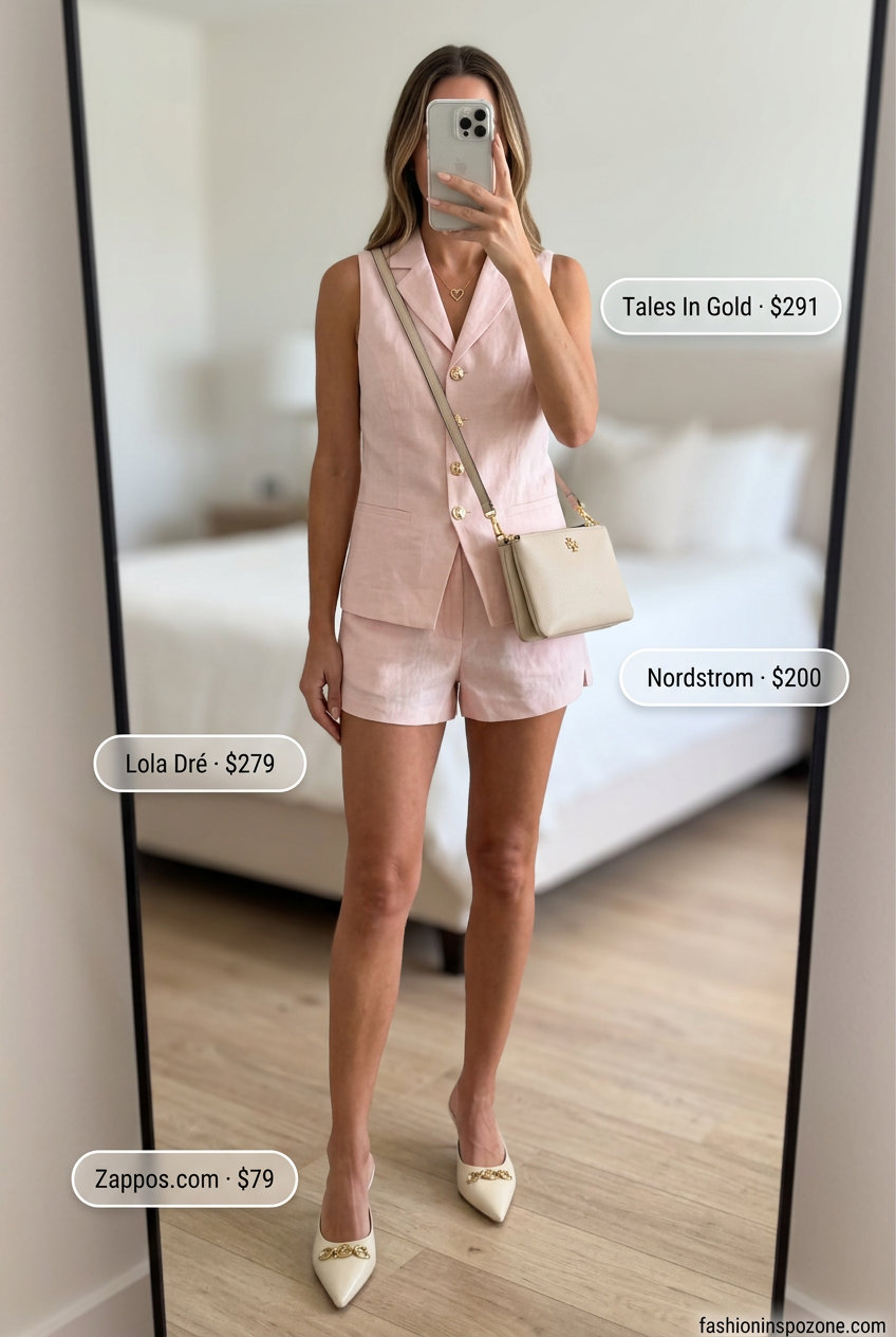 Blush pink linen shorts set with cream mules and crossbody bag. Summer must have capsule outfits for women 2026.
