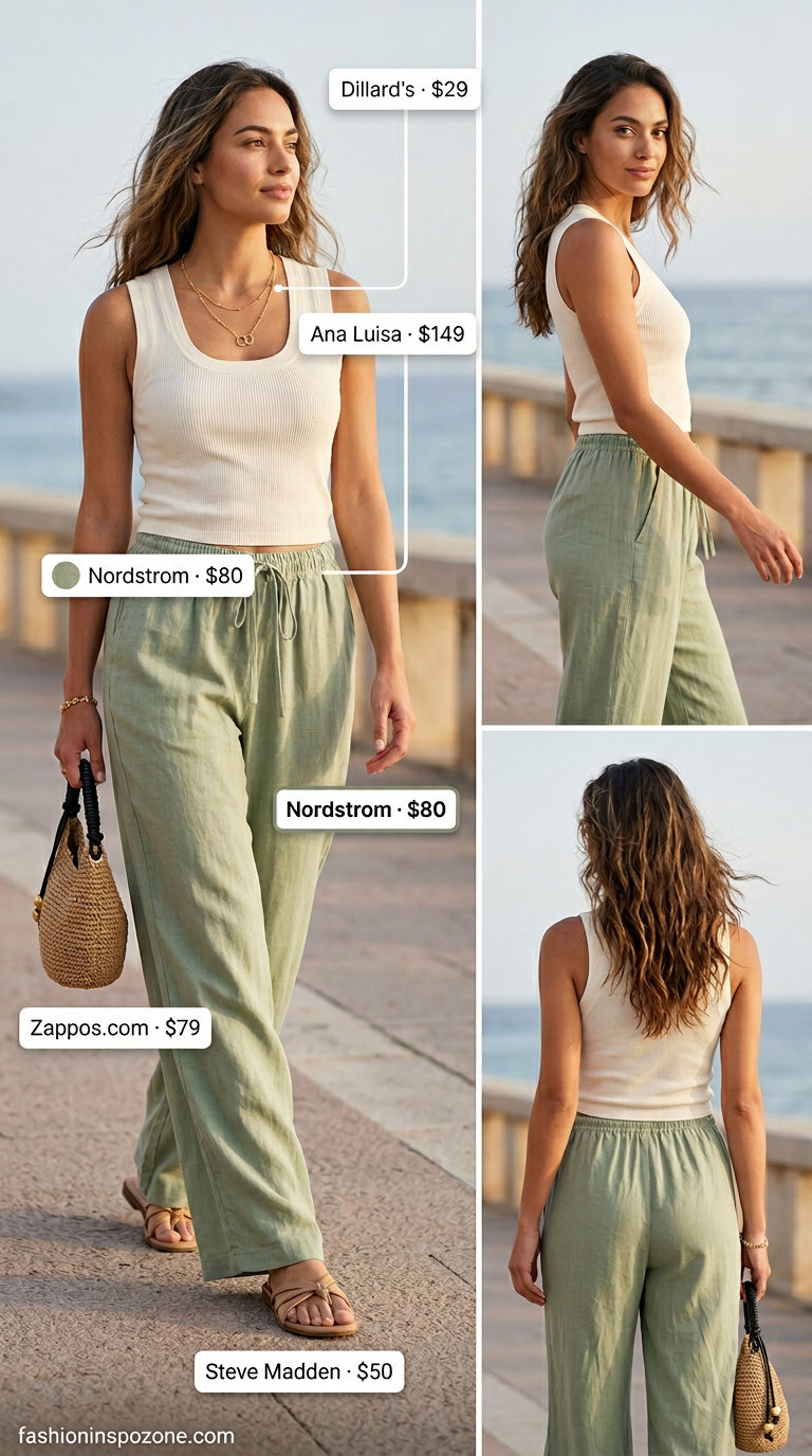 Sage green linen pants with cream knit top and straw bag. Summer must have capsule outfits for women 2026.