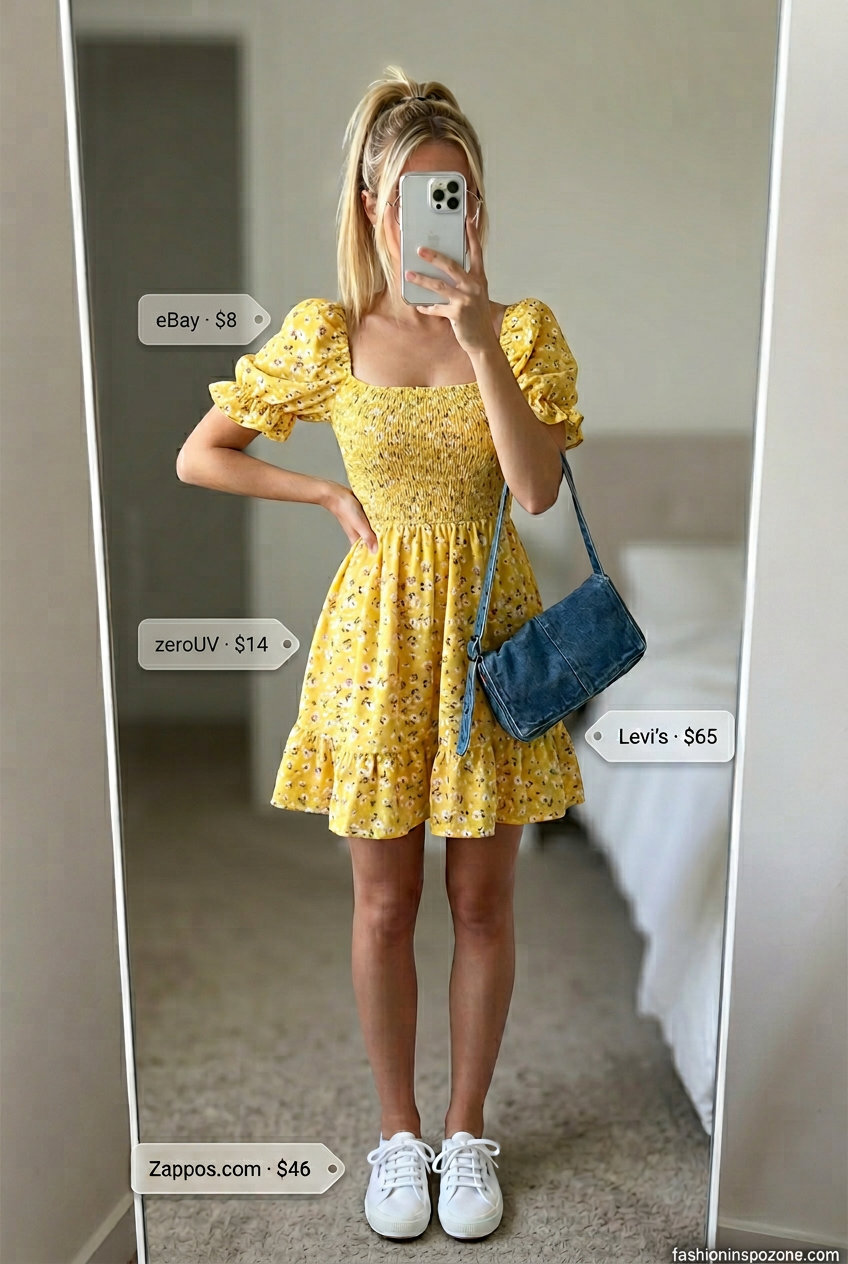 Yellow floral sundress with white sneakers and denim bag. Summer must have capsule outfits for women 2026.