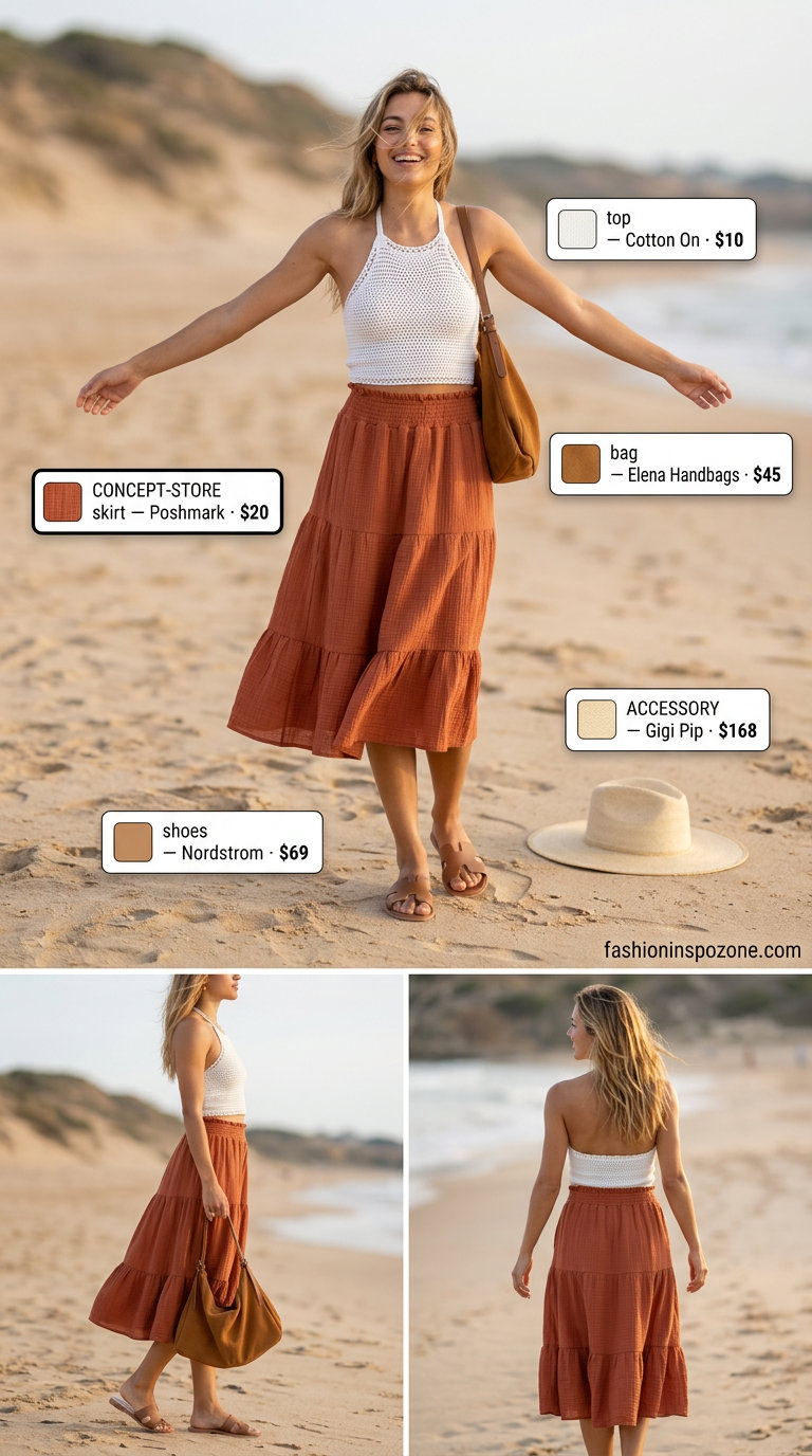 Bohemian terracotta skirt & crochet top outfit for summer must have capsule outfits for women 2026. Beachy vibes.