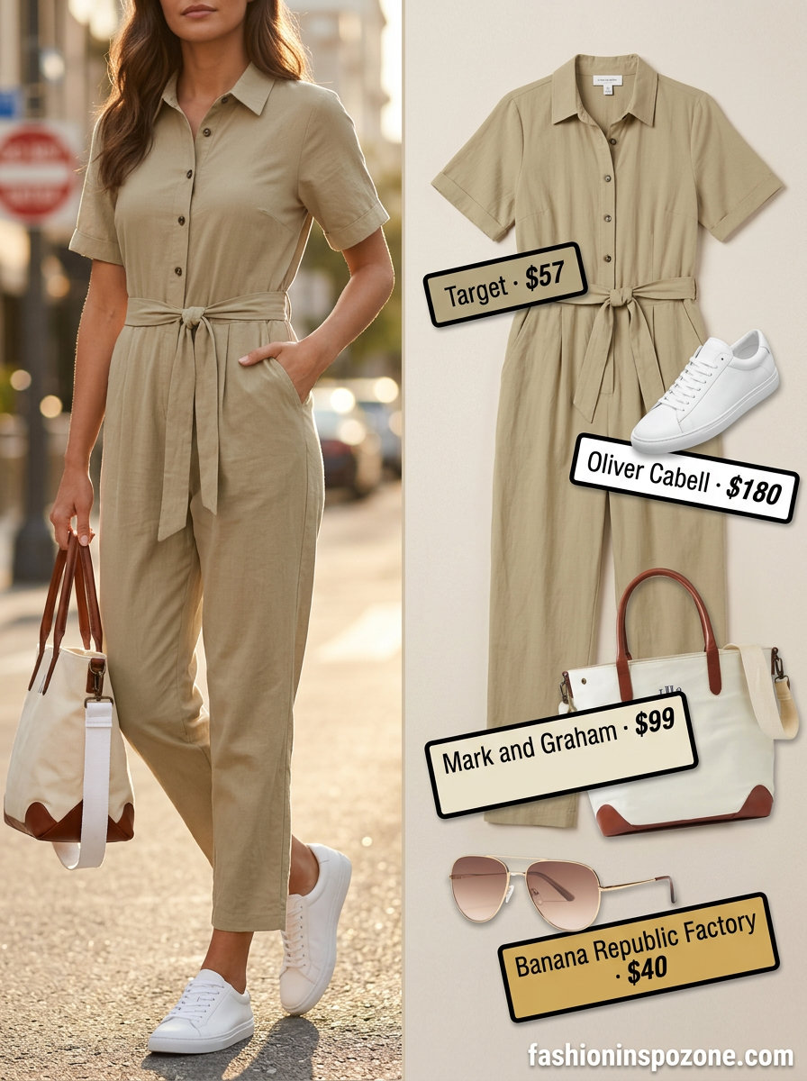 Khaki utility jumpsuit outfit for summer must have capsule outfits for women 2026. City cool & practical.