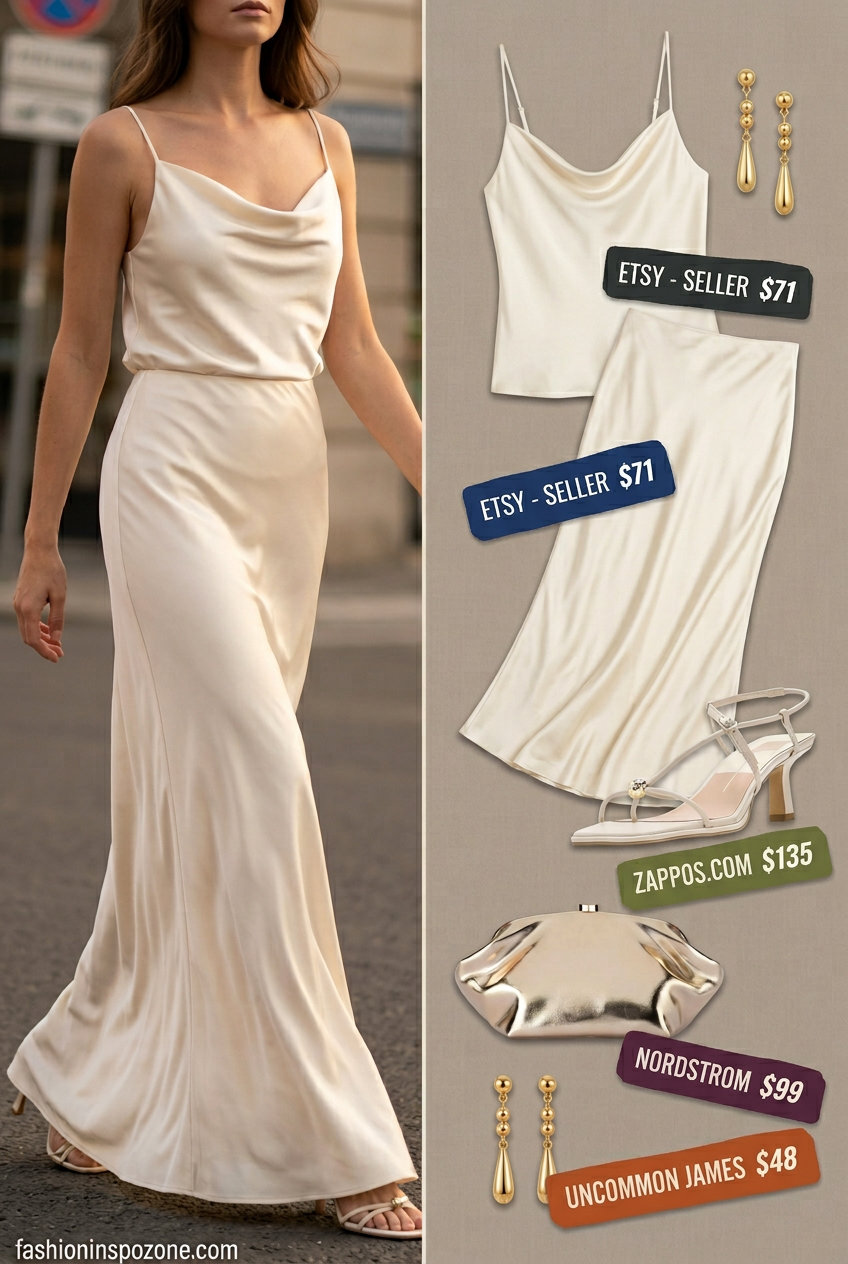 Blush pink satin skirt & halter top set for summer must have capsule outfits for women 2026. Glamorous evening.