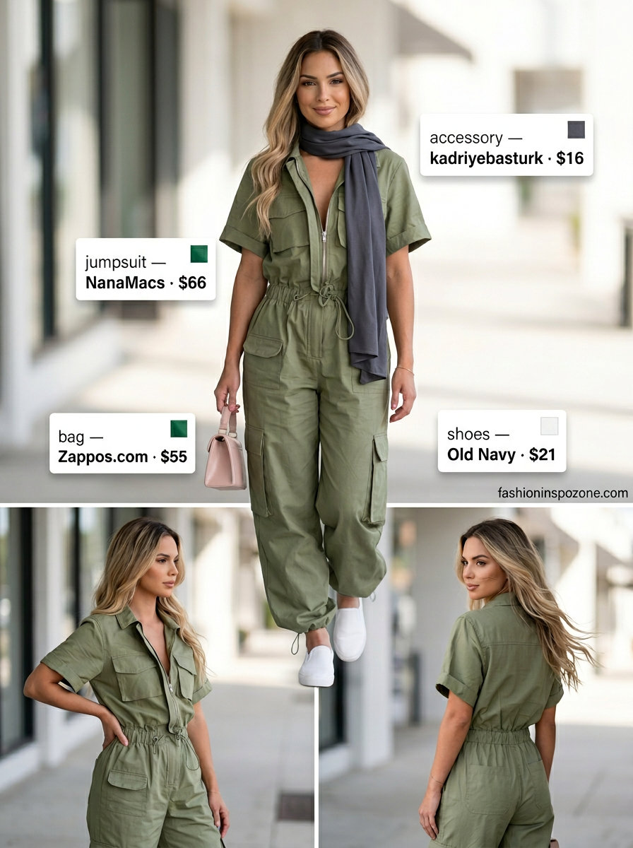 Olive green utility jumpsuit for summer must have capsule outfits for women 2026. Effortless travel style.