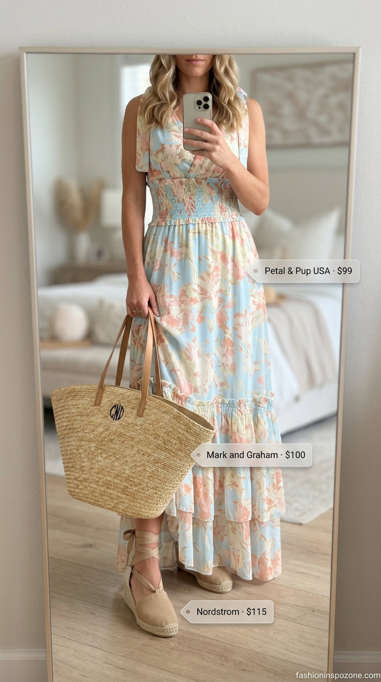 Bohemian floral print maxi dress outfit for summer must have capsule outfits for women 2026. Festival style.