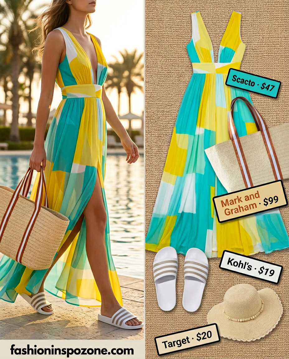 Glamorous abstract print kaftan dress for summer must have capsule outfits for women 2026. Poolside chic style.