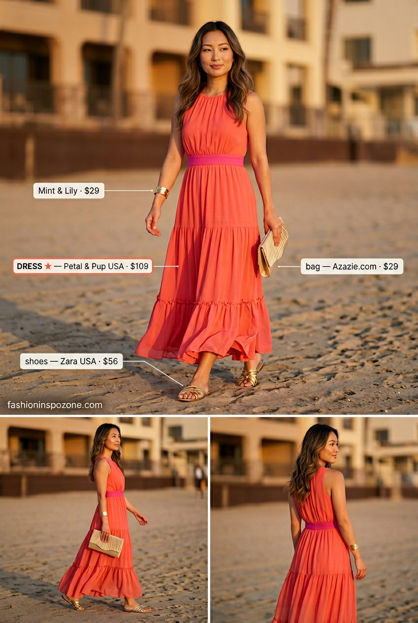 Vibrant coral maxi dress outfit for summer must have capsule outfits for women 2026. Elegant beach dinner style.