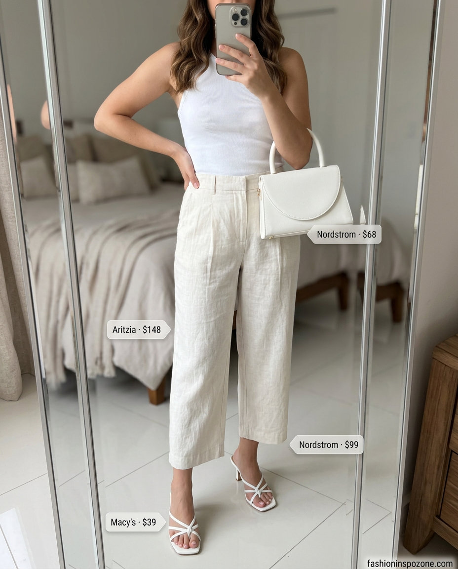 Beige wide-leg pants & halter top set for summer must have capsule outfits for women 2026. Riviera chic.