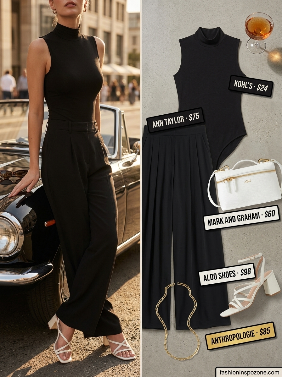 Black wide-leg pants & white bodysuit outfit for summer must have capsule outfits for women 2026. Chic & modern.