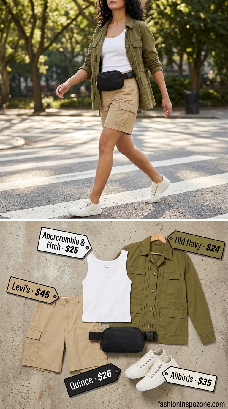 Practical khaki cargo shorts and utility jacket outfit for summer must have capsule outfits for women 2026. Outdoor activities style.