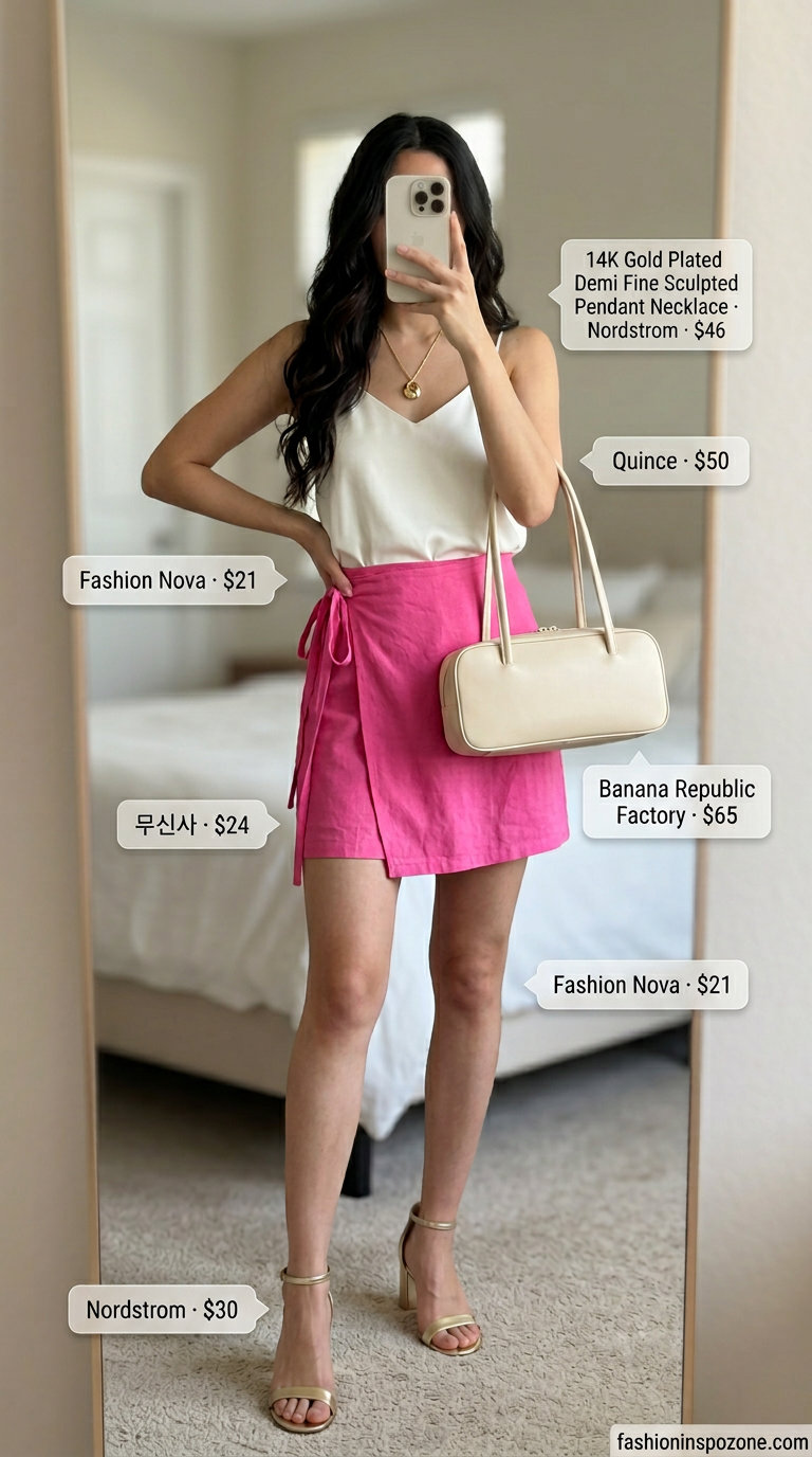 Summer old money linen outfit for women 2026: Blush pink linen wrap skirt, ivory silk tank, gold sandals, structured bag.