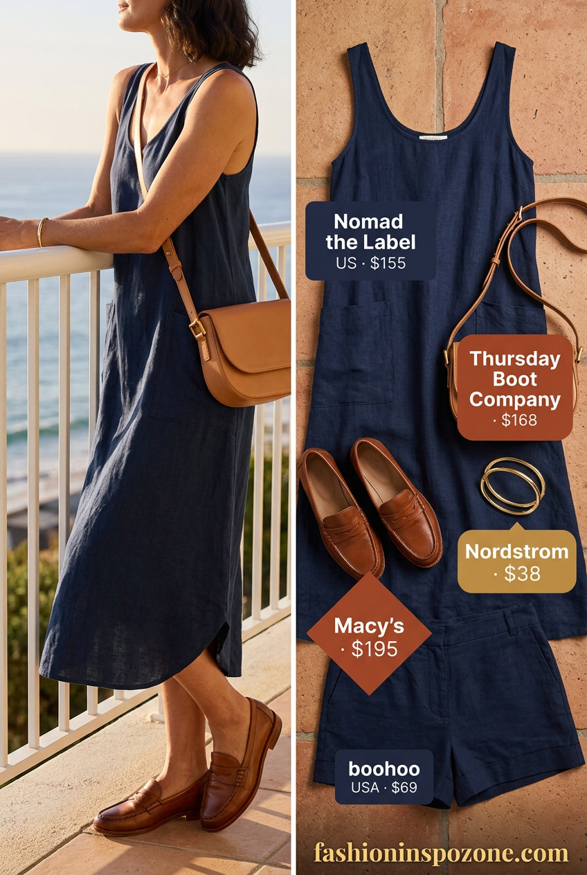 Summer old money linen outfit for women 2026: Navy linen shorts set, white shirt, tan loafers, crossbody bag.