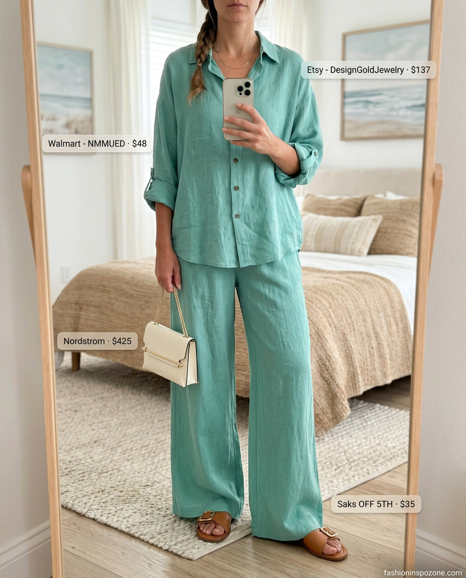 Summer old money linen outfit for women 2026: Seafoam green linen set, cream bag, gold necklaces, tan slides.