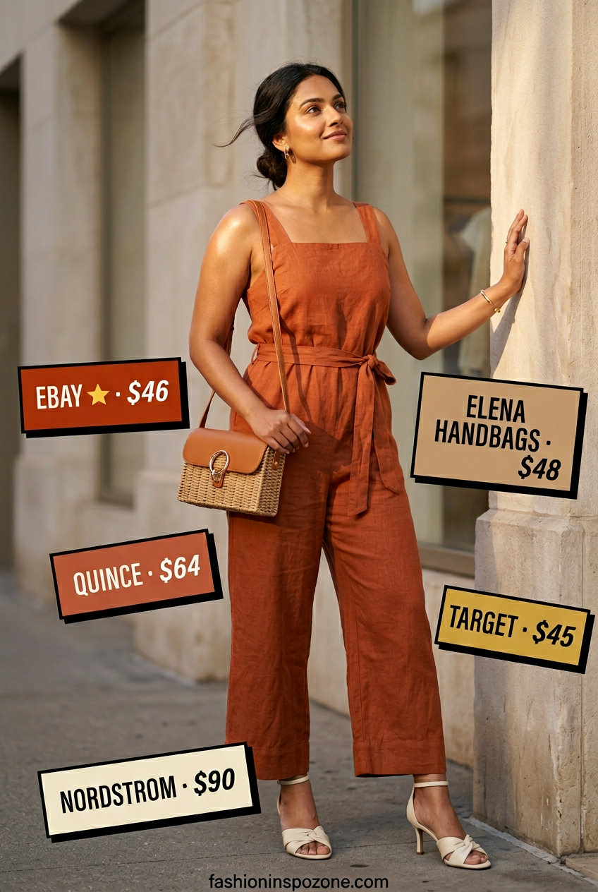 Summer old money linen outfit for women 2026: Terracotta linen blend jumpsuit, cream heels, gold cuff bracelet.