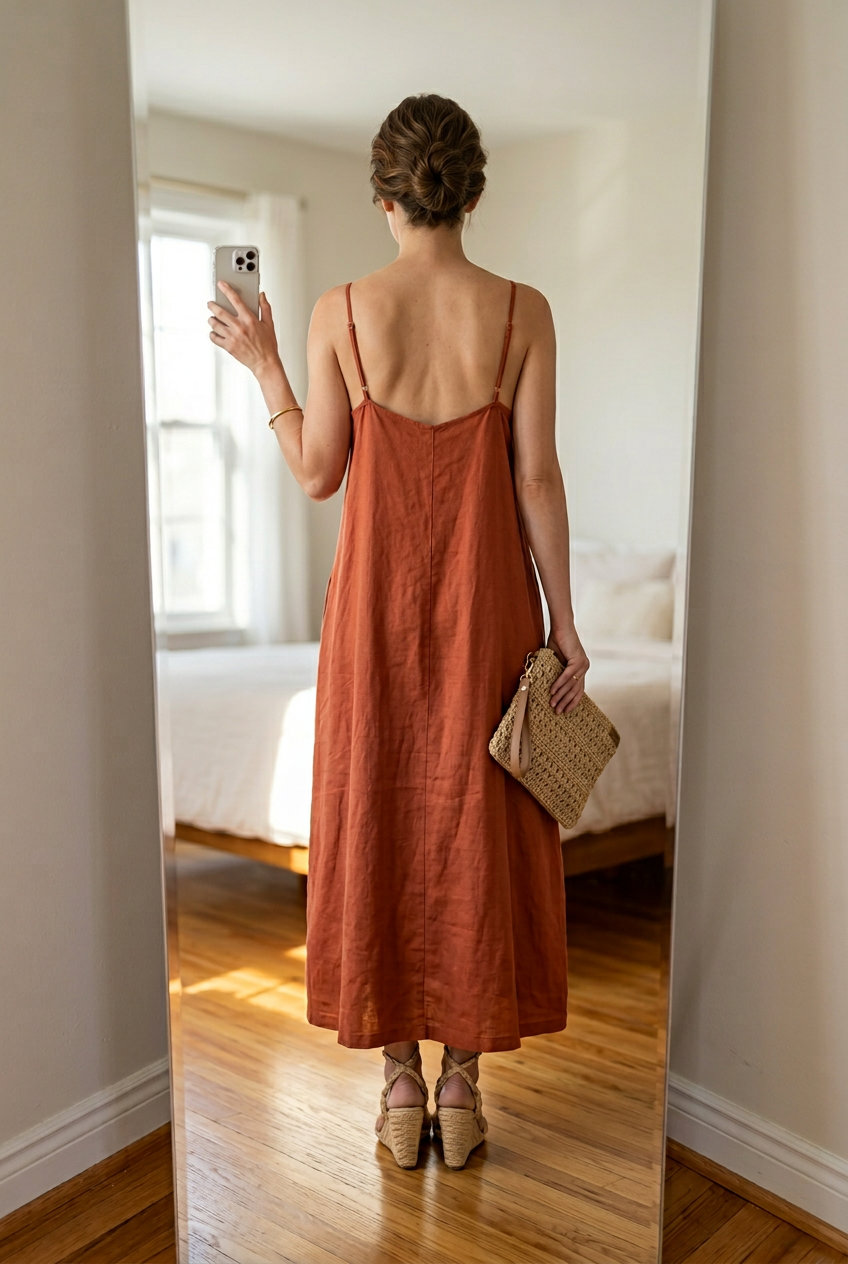 Summer old money linen outfit for women 2026: Terracotta linen maxi dress, woven espadrilles, gold bangle, straw clutch.