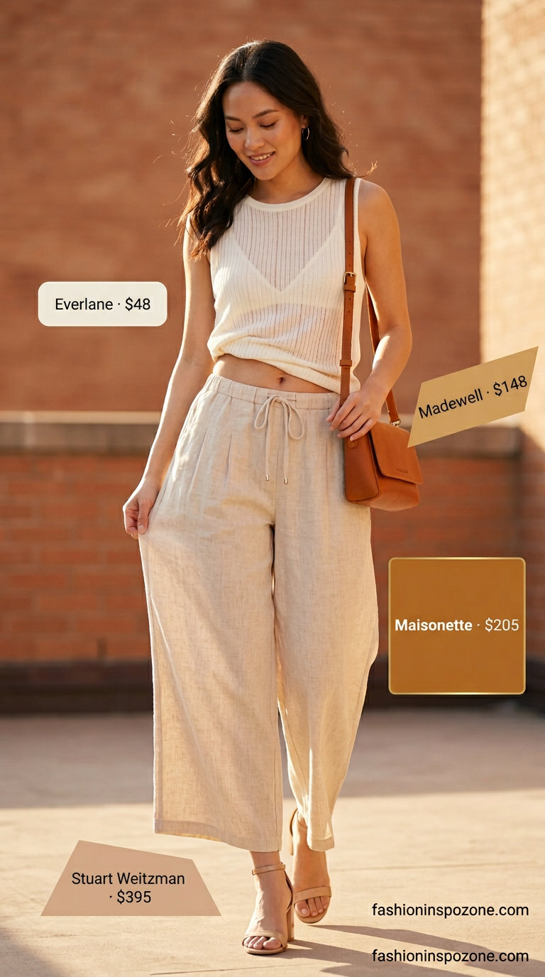 Beige linen culottes & cream knit top: a summer old money linen outfit for women 2026. Comfortable chic style.