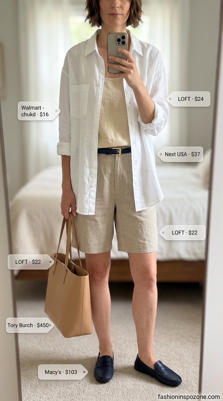 Beige linen shorts suit: a summer old money linen outfit for women 2026. Polished smart casual style.