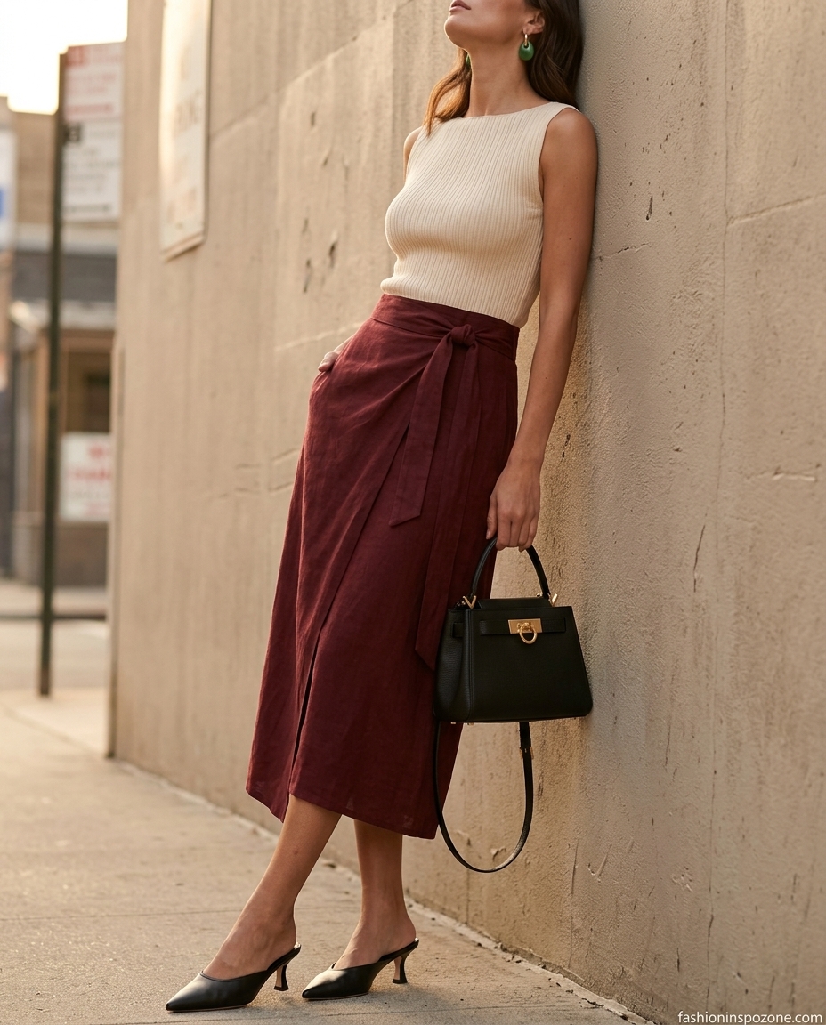 Summer old money linen outfit for women 2026: Burgundy linen skirt, cream knit top, black mules, gold earrings.