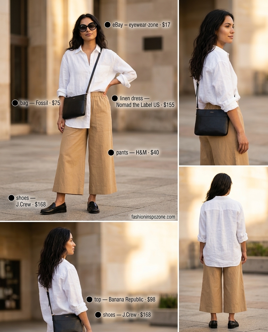 Camel linen culottes & white shirt: a summer old money linen outfit for women 2026. Timeless smart casual style.