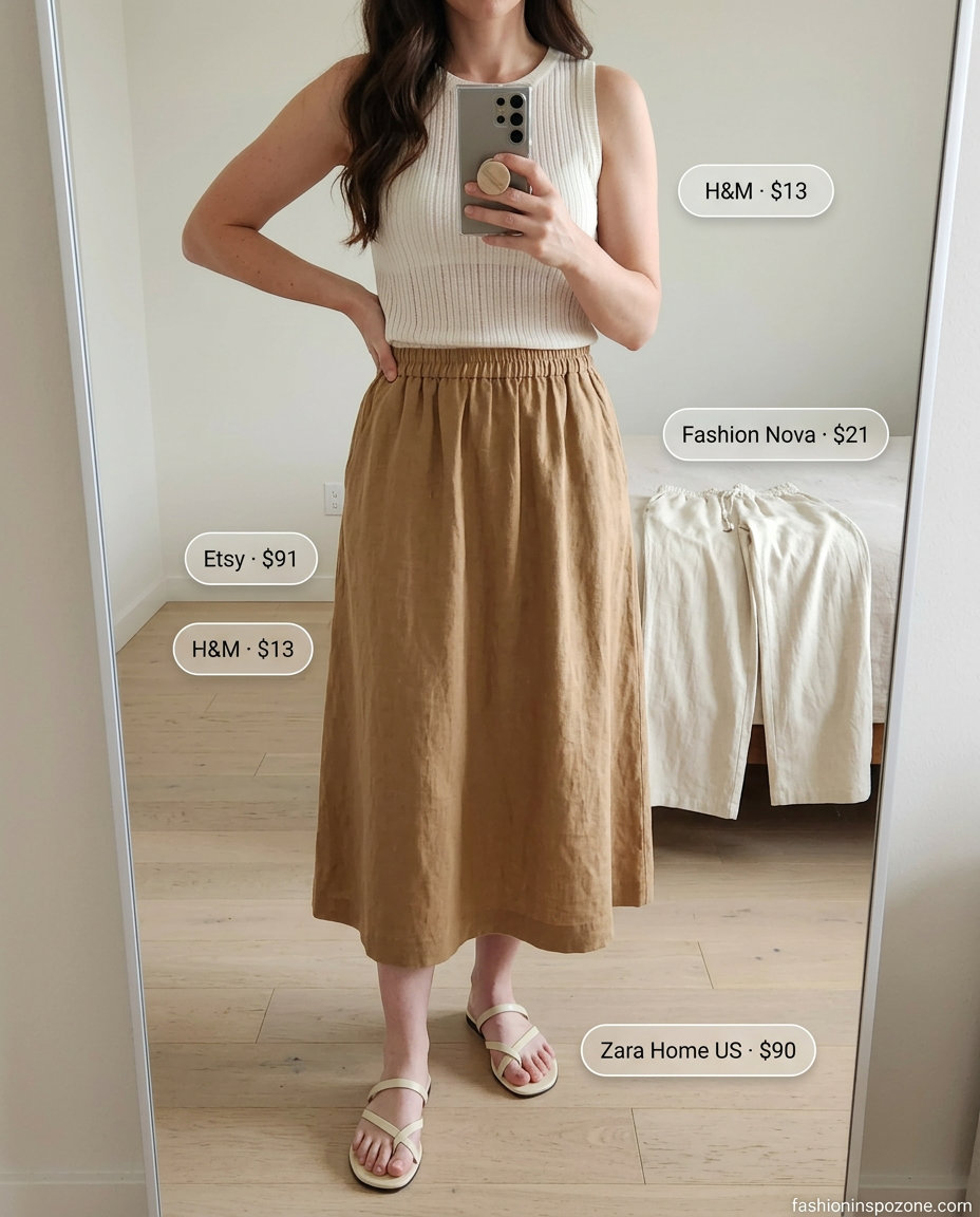 Camel linen midi skirt & cream knit top: a summer old money linen outfit for women 2026. Chic day out style.