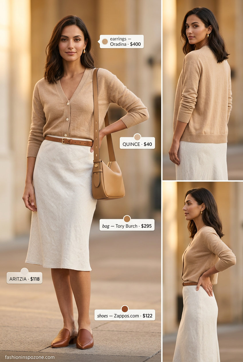 Ivory linen midi skirt & camel cardigan: a summer old money linen outfit for women 2026. Elegant evening style.