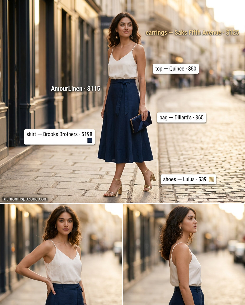 Summer old money linen outfit for women 2026: Navy linen skirt, ivory silk cami, gold earrings, metallic heels.