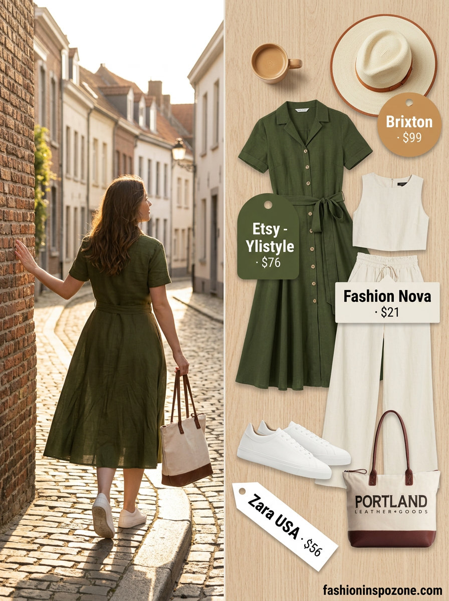 Summer old money linen outfit for women 2026: Olive green linen shirt dress, white sneakers, straw hat.