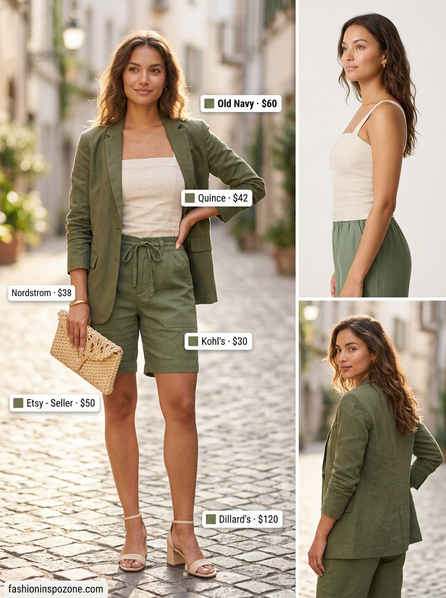 Olive green linen shorts suit: a summer old money linen outfit for women 2026. Sophisticated modern style.