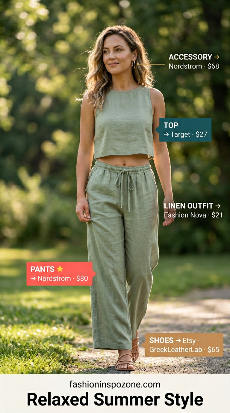 Sage green linen pants & cream tank: a summer old money linen outfit for women 2026. Effortless casual style.